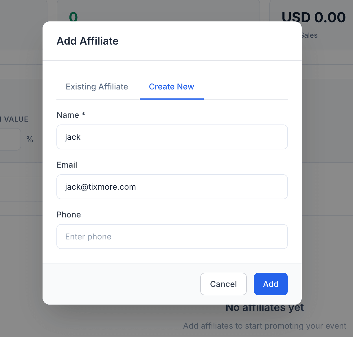 Add Affiliate dialog