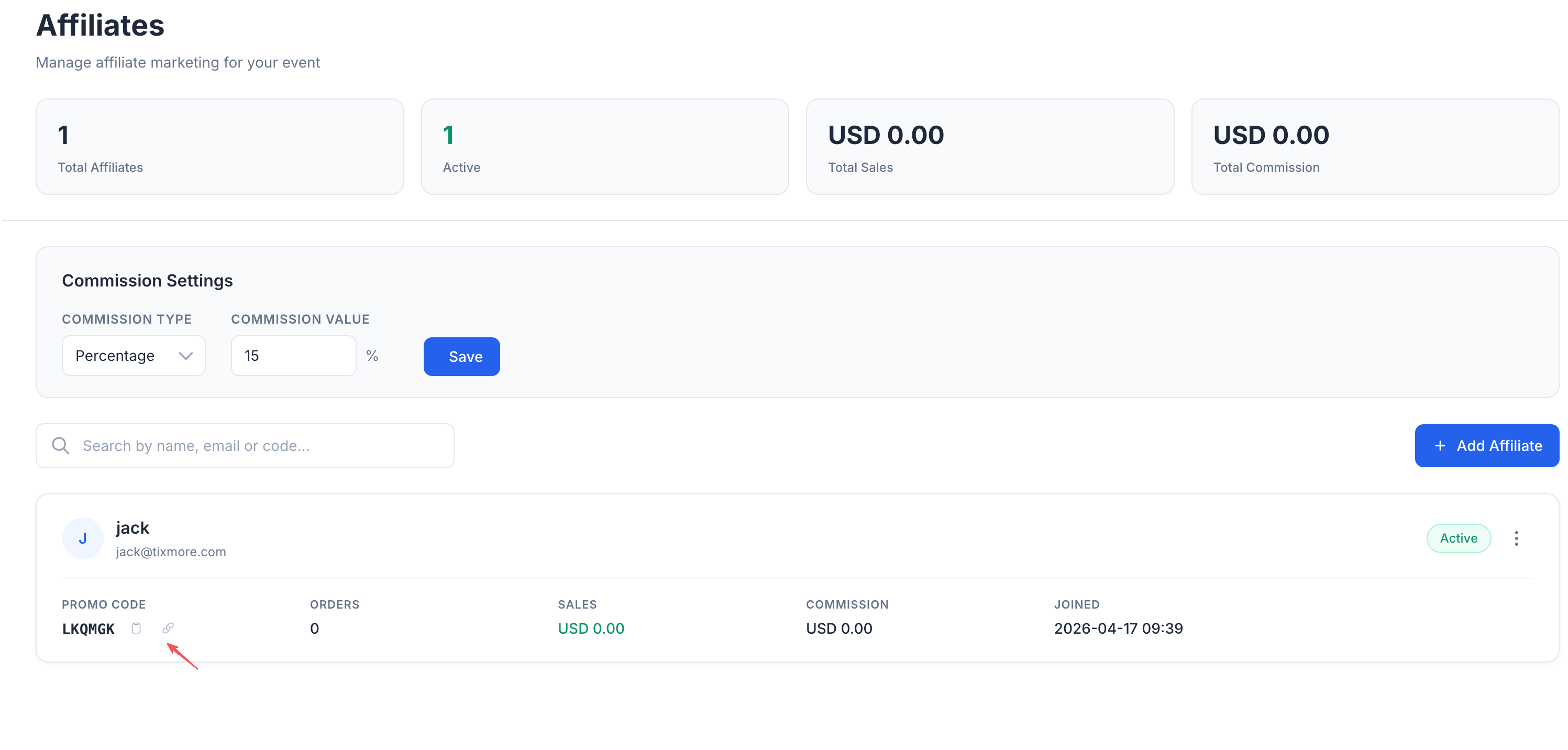 Affiliate card with promo code and link