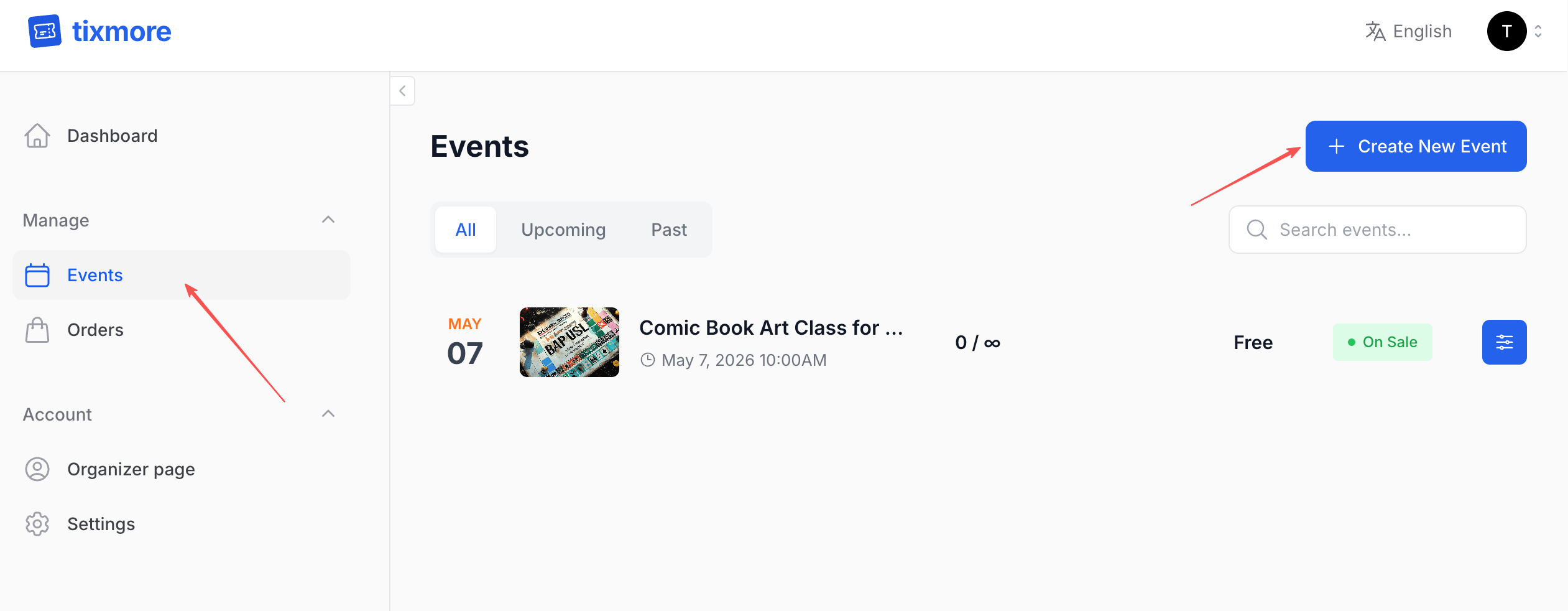 Events list with Create New Event button