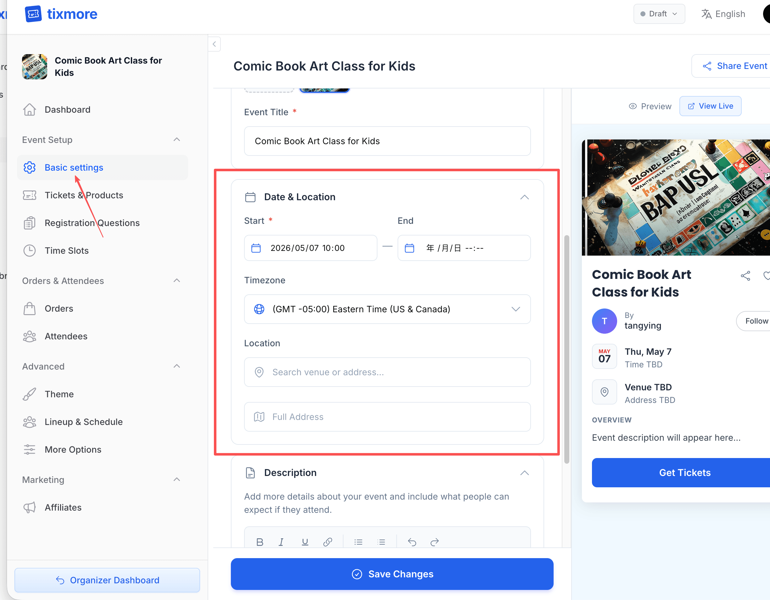 Event Basic Settings