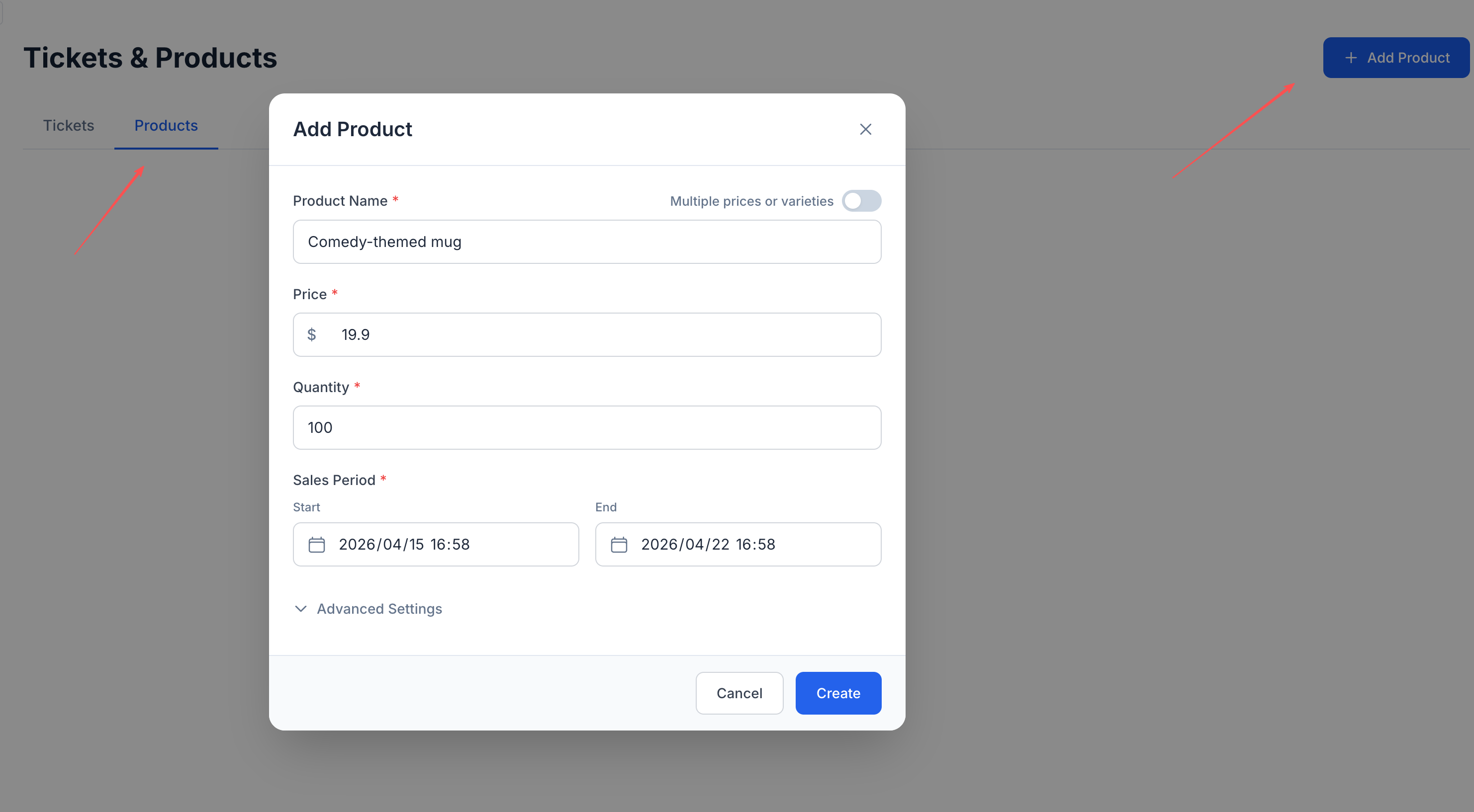 Add Product dialog