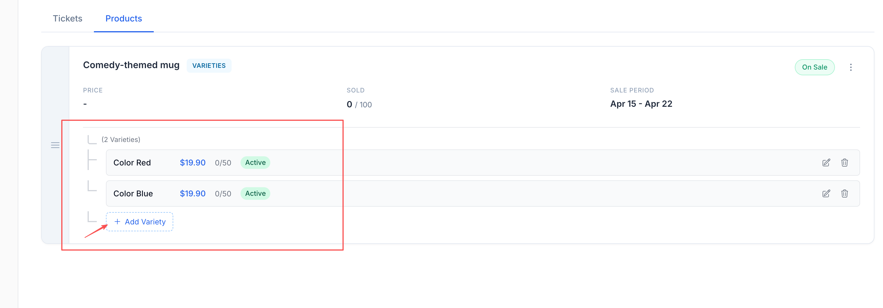 Product with varieties