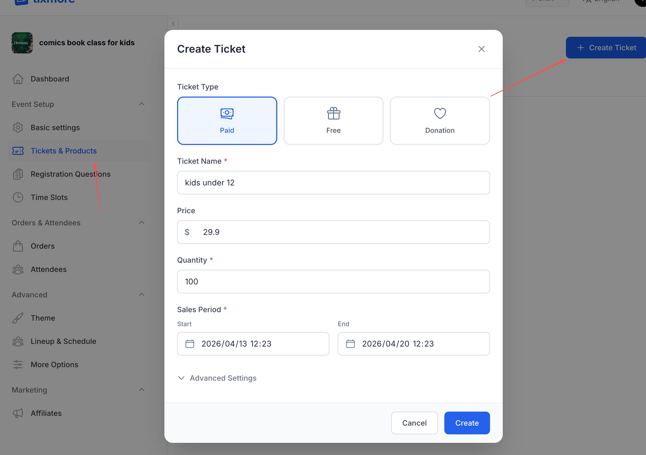 Create Ticket dialog
