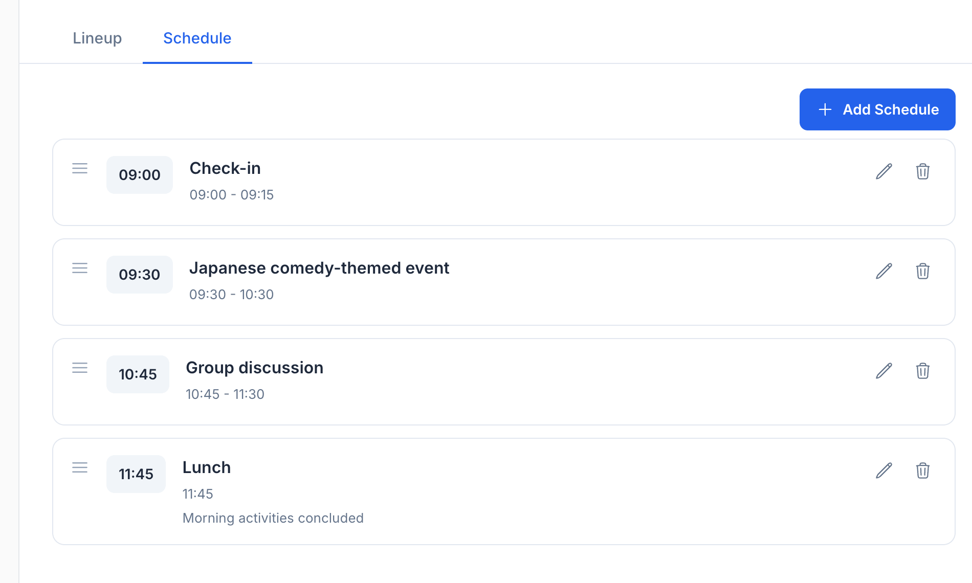 Schedule list with items
