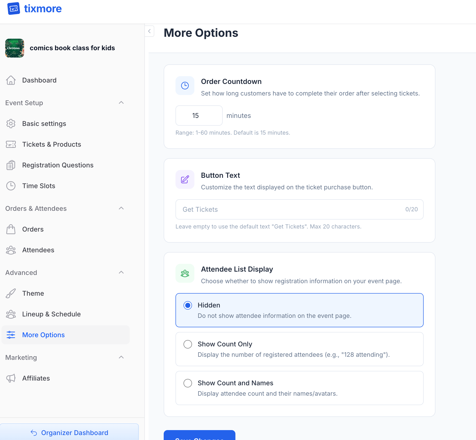 More Options settings