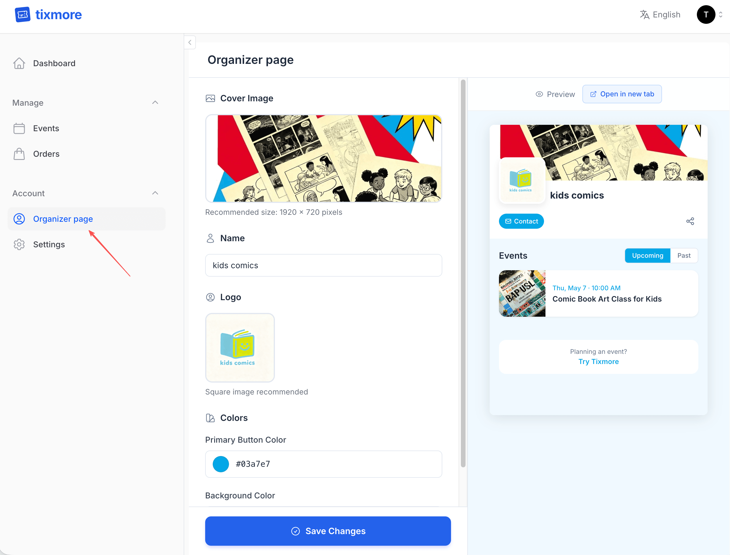 Organizer Page Settings