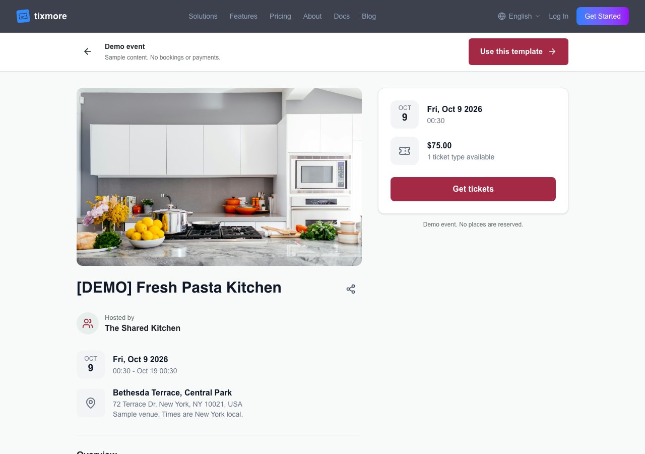 The Fresh Pasta Kitchen demo showing its sample event page, Get tickets button and Use this template action