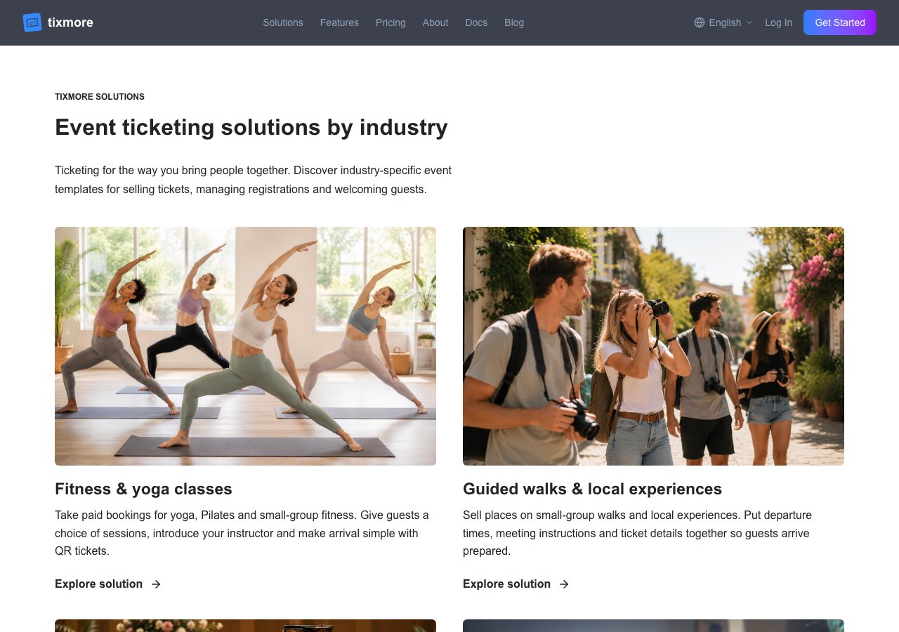 Tixmore Solutions directory showing fitness classes and guided walks as starting points for an event