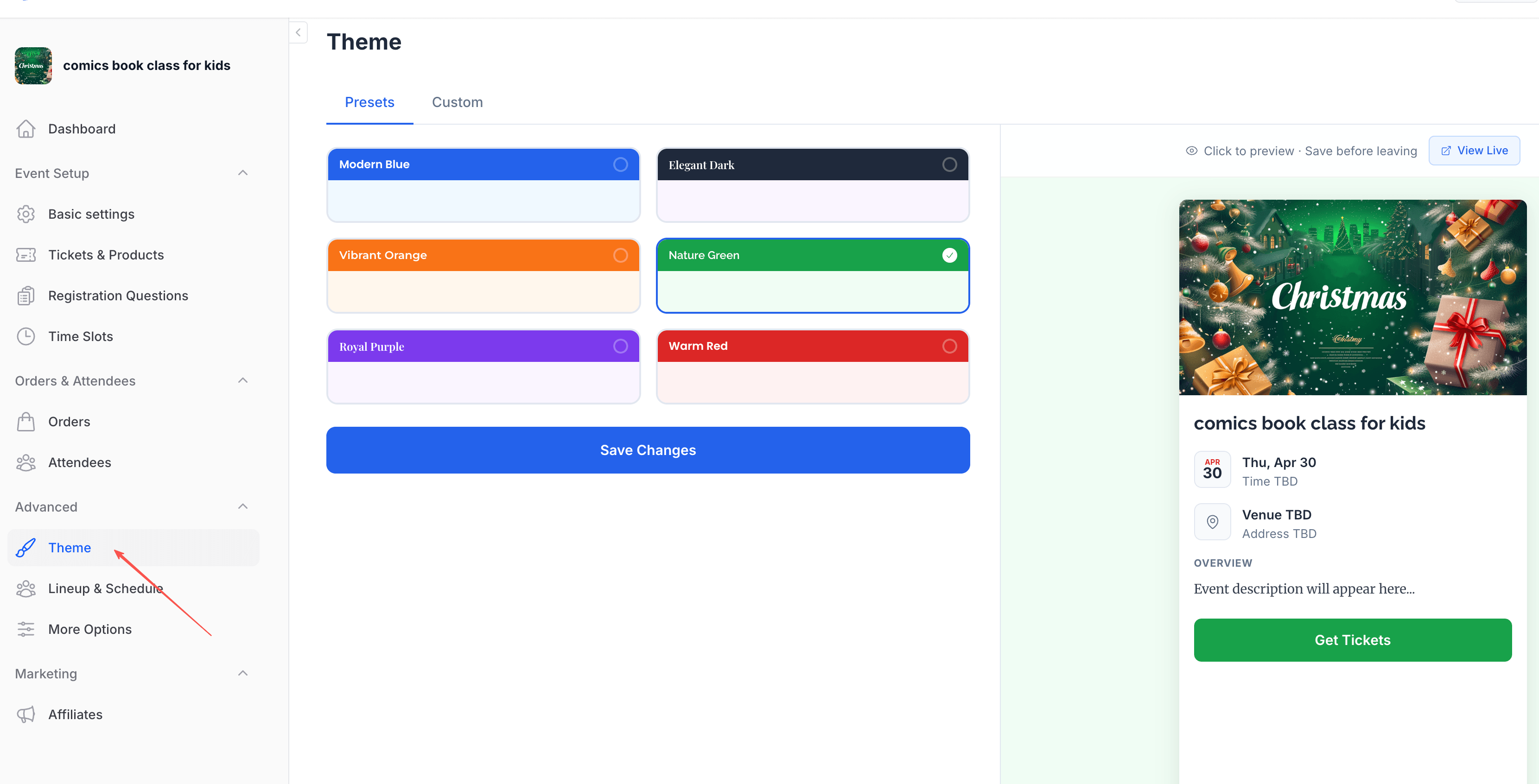 Theme settings overview