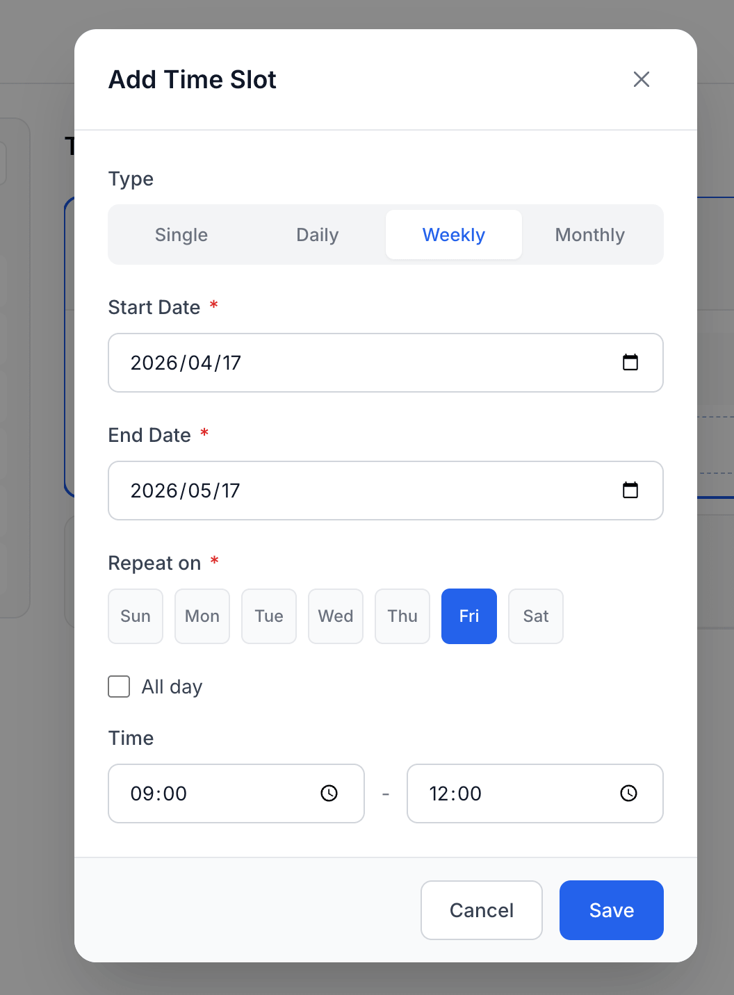 Add a weekly recurring slot
